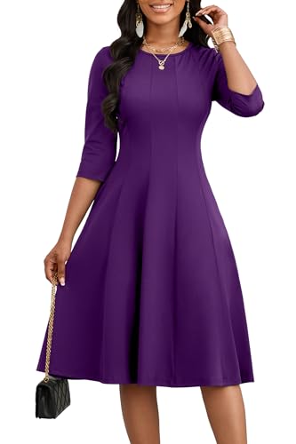 Image of CLOCOR Casual Midi Dresses for Women A-Line Fit and Flare Elegant Church 3 /4 Sleeve Crew Neck Dress with Pocket