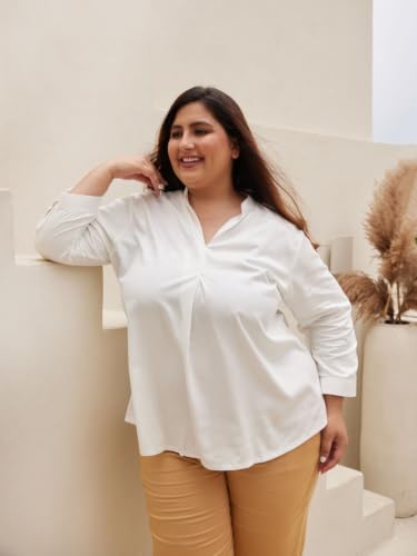 Image of SAADAA Top for Women, Viscose Pleated Tops, V-Neck with a Collar, 3 /4 Sleeve Length, Office & Casual Wear