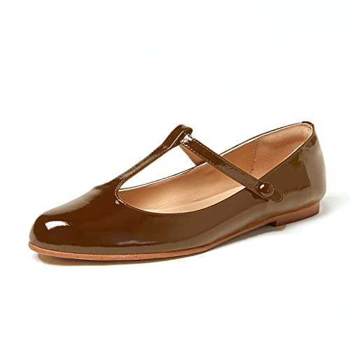 LEMUTISME Women T‑Strap Mary Jane Flats Chic Round Toe Dress Ballet Flats Brown Size 10