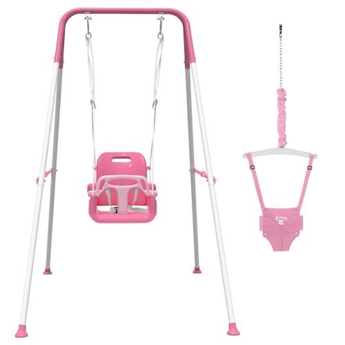 Image of 2 in 1 Toddler Swing & Baby Jumper, Foldable Baby Swing Outdoor & Indoor Use, Easily Installable and Storable (Pink)
