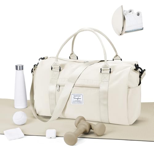 WEPLAN Bolsa Deporte Mujer Hombre Bolso de Gimnasio con Compartimento Zapatos Bolso de Viaje Mujer Bolsas de Fin de Semana Sport Gym Bag Bolsa de Mano Bolsa Travel Duffel Bag Natacion,Blanco Lechoso