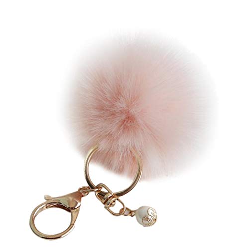 Uteruik Porte-clés en fourrure de lapin avec pompons en plaqué or pour voiture, porte-clés sac à main, sac fourre-tout (rose) Cover