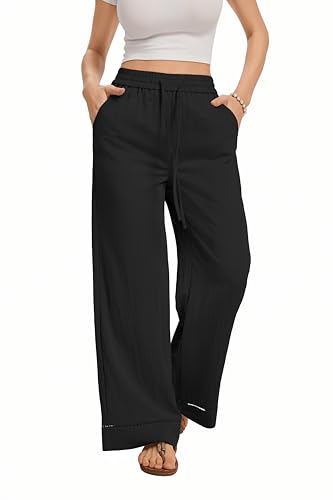 Image of KICZOY Women Flowy Pants Drawstring Waist Wide Leg Palazzo Beach Pants Loose Fit with Pockets