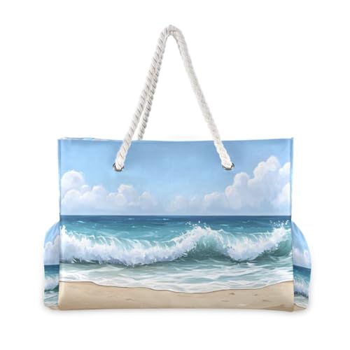 Beach Waves Scene Bag for Women Large Beach Tote Bag with Zipper for Travel Vacation