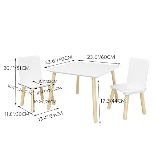 Image of Wood Table & Chairs 3 Pieces Set, Boys Girls Activity Table w / 2 Chairs, Solid Wood Legs, Safe Rounded Corners, Playroom Furniture for Boys & Girls Activity Dining Drawing Craft.