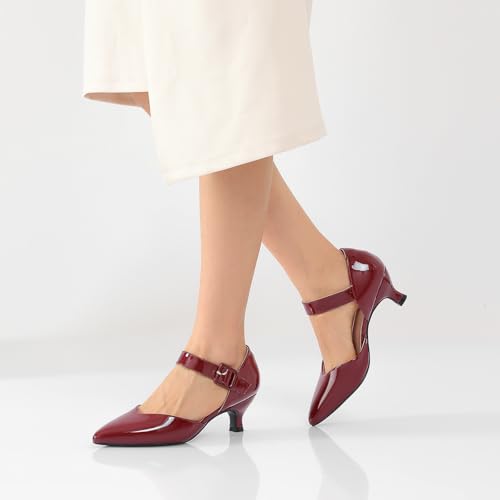 Image of RIBONGZ Comfortable Kitten Heels for Women Pointed Closed Toe Ankle Strap Buckle Heels Slip on Low Heel Church Pumps Wedding Bridal Party Dressy Shoes