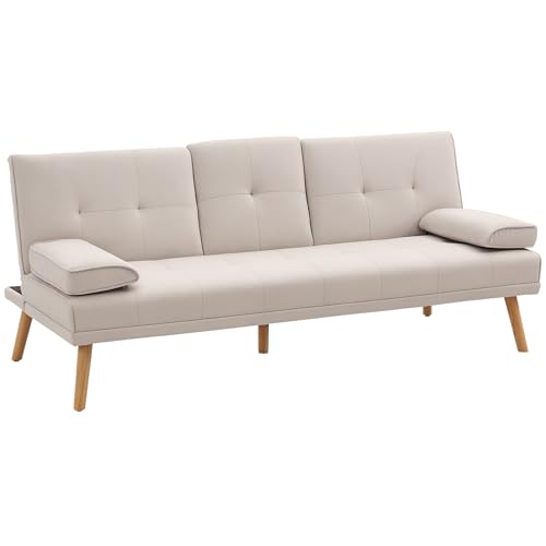 HOMCOM Sofá Cama 3 Plazas, 181x77x78 cm, Sofá Cama con Respaldo Ajustable, Apertura Clik-Clak, Reposabrazos Desmontables, Mesa Abatible con 2 Soportes para Vasos, Patas de Madera, Beige