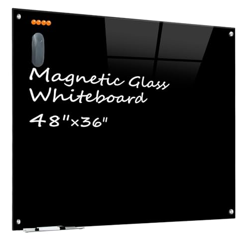 KIZZBY Black Glass Dry Erase Board - Magnetic Blackboard for Wall, 48'x36' Large Frameless Black Whiteboard for Office, Home & School
