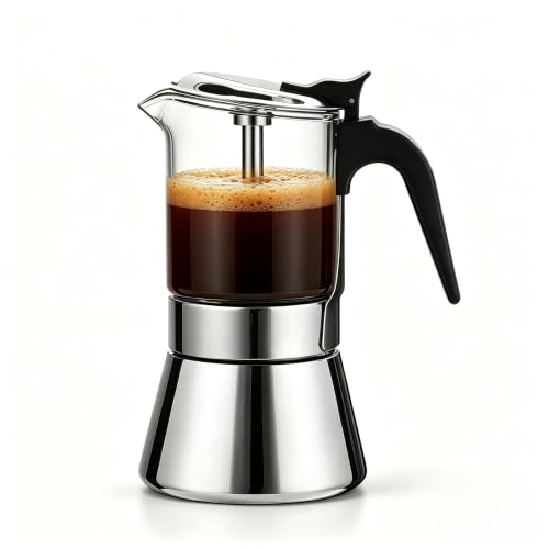 SIXAQUAE Moka Induction Stovetop Espresso Maker With Pressure valve,Crystal Glass-top & Stainless Steel Esprosso Moka Pot,240ml Classic Italian Coffee Maker