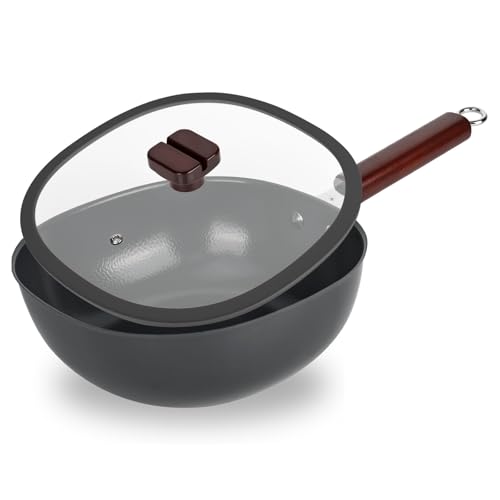 YHNDECO Padella in ferro forgiato, 24 cm, non rivestita, in ferro forgiato a mano, con coperchio in vetro, Big Belly Pot, padella in ferro giapponese forgiata per fornelli a gas e induzione