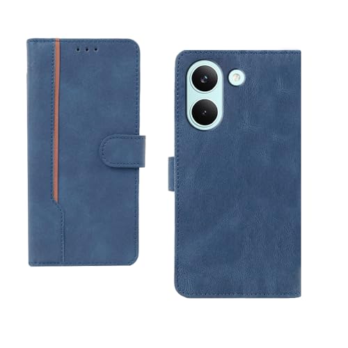 Image of amazon basics Poco X8 Pro 5G Flip Cover | Card Pockets Wallet & Stand | Flip Cover for Poco X8 Pro 5G (Blue with Beige Strip)