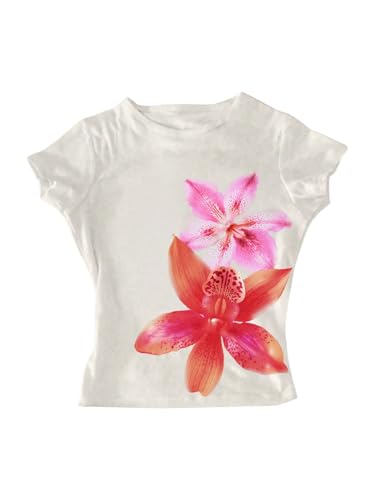Image of RoseSeek Girl's Floral Graphic Crop Tops Tees Short Sleeve Crewneck Cute Slim Fit T Shirt Summer Tops
