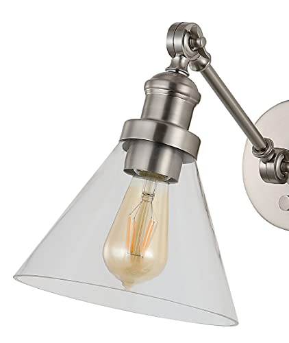 Image of JONATHAN Y 8 inch Nickel Adjustable LED Wall Sconce, Plug-in Wall Lamp with Dimmer Switch, Clear Glass Shade for Bedroom Living Room Kitchen, LED Bulb Included (JYL7575B-SET2)