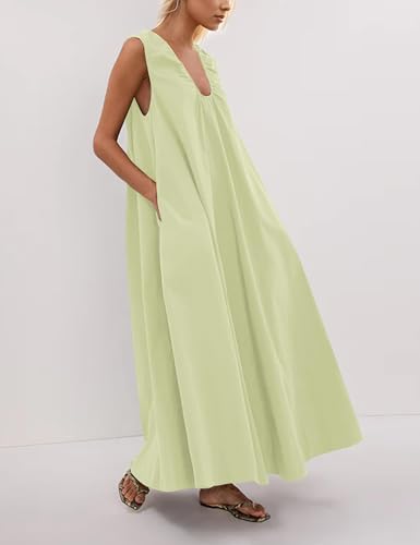 Image of Women Flowy Maxi Dress Ruched Sleeveless Long Dress Vacation Fashion Summer Casual Loose Fit Sundress with Pockets