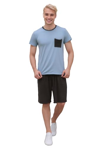 Qianxiu Men's 100% Cotton Pajama Set Mens Round neck Pjs Set For Men Classic Short Sleeve Sleepwear For Loose Casual pyjamas