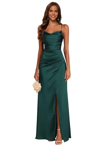 JAEDEN Satin Brautjungfernkleid - Spaghettiträger Ballkleider Lang mit Schlitz Meerjungfrau Falte Abendkleider Pfau 34