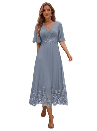 RSOETOO Tea Length Mother of The Bride Dresses for Women Lace Beaded Formal Evening Mother Groom Dress with Sleeves RO348