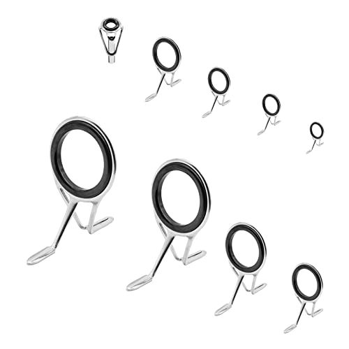 Litoexpe 9 Pieces Fishing Rod Repair Kit Double Legs Fishing Rod Guides Rings Stainless Steel Rod Top Tips Replacement Ceramic Guide Rod Eyelet (Silver Black)