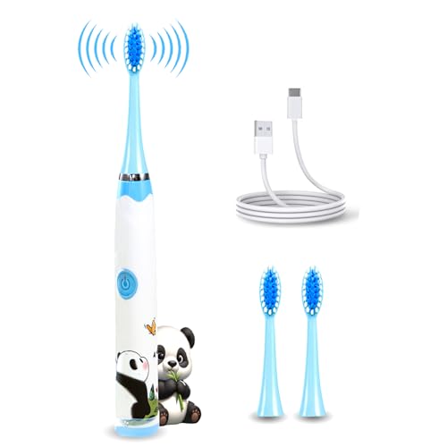Image of Obvie Sonic Electric Kids Toothbrush with 4 Brushing Modes, 19000 Strokes per minute, IPX7 Waterproof, Soft Nylon Bristles, Rechargeable Battery, Electric Power Tooth Brush, 3 Heads (W-Panda)