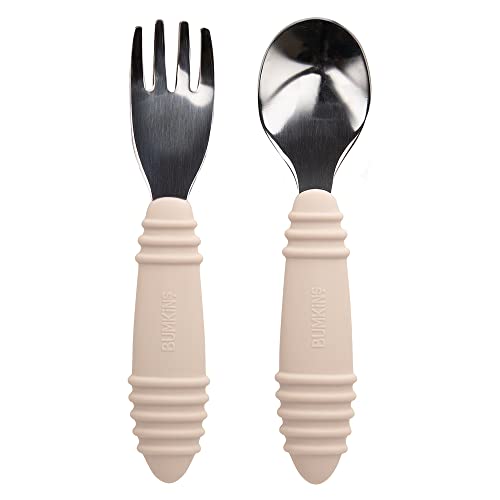 Image of Bumkins Toddler Utensils, Kids Size Fork and Spoon Set, Silicone and Stainless-Steel Training Silverware, Angled Forks/Sporks for Self-Feeding, Children Hold Learning to Eat, 18 Mos Up, Sand Beige