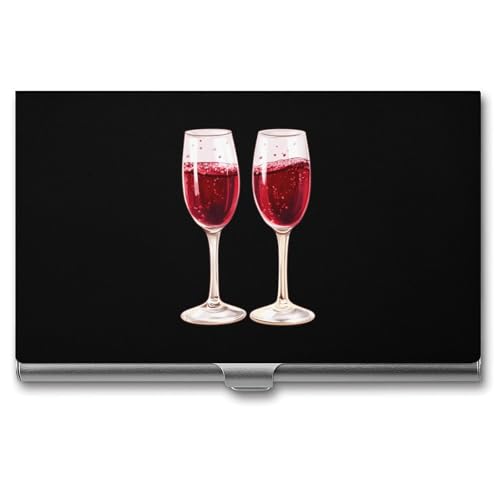 Champagne Red Wine Glasses Slim Business Card Holder Wallet for Men & Women Pocket Metal Case 3.7x2.2x0.3 Inches