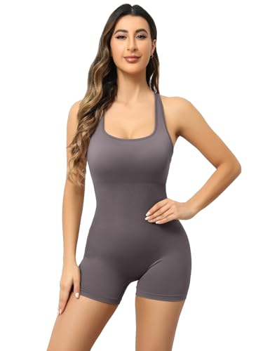 UONNOU Macacões de treino sem costura para mulheres cruzadas nas costas com controle de barriga e shorts de uma peça para ioga, Roxo escuro, P