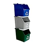 Sturdy Essentials Multi Bin Recycling System with Three Stackable 6 Gallon Recycle Bins to Build Your Recycling Center for Offices, Kitchen, Garages, Businesses (3 Pack, Blue/Grey/Green)