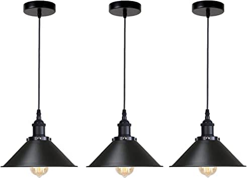 Black Ceiling Pendant Light Fitting, Vintage 22cm Metal Cone Light Shade, Island Hanging E27 Bulb Holder, 100cm Adjustable Cable, 10cm Ceiling Rose for Kitchen Living Room Home (3 Pack without Bulb)