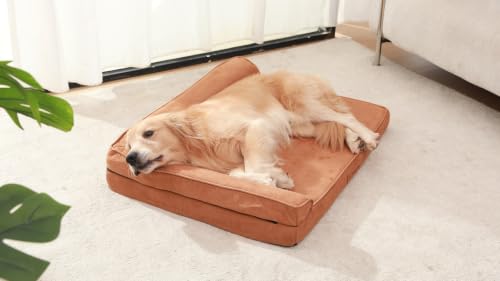 Image of Rainmr Microsuede Dog Bed Orthopedic Washable - Small Medium XLarge Dogs - Memory Foam Couch Sofa with Waterproof Removable Cover, 41x27 Inches, Khaki