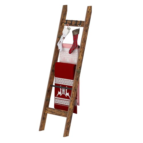 Hzuaneri Blanket Ladder for Living Room, Decorative Quilt Rack with 4 Removable Hooks, 5-Tier Farmhouse Ladder Holder Shelf Organizer for Bedroom, Rustic Brown and Black 02101BBR
