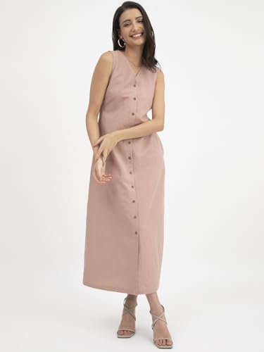 Image of FableStreet Women Casual Midi Cotton Button Down A-Line Dress | Button Down Flowly Dress Perfect for Outings