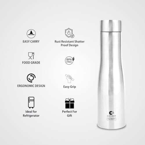 Image of Clay Craft Vacbott Petra Single Walled Non Insulated Water Bottle, 1000 ml - 1 Piece (Steel) Steel Water Bottles for School, Office, Home, Gym, Water Bottle for Men Leakproof, Rust Free Steel Bottle