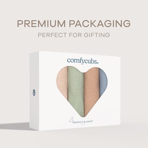 Image of Comfy Cubs Muslin Swaddle Blankets Pack of 4, 47 x 47 Inches, Soft Cotton Baby Blanket Set, Large Multipurpose Swaddling Wraps for Newborns - Self-Soothing Swaddle - Pacific, Cedar, Sage, Blush