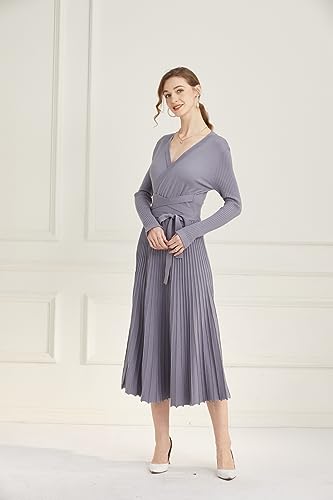 Image of Women's Long Knit Crewneck Sweater Dress Tie Waist A-Line Swing Pleated Bodycon
