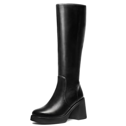 Image of Choiran Knee High Boots for Women - Platform Chunky Square Toe Tall Boots with Block Heeled Side Zipper, Fashion Long Gogo Boots for Spring Fall
