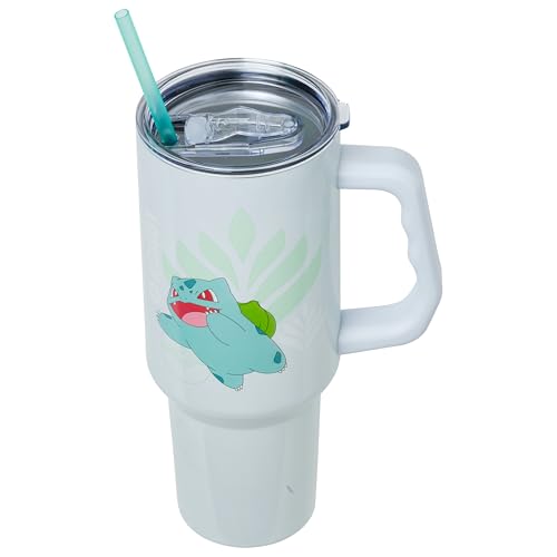 Image of Silver Buffalo Pokemon Featuring Bulbasaur Double Walled Stainless Steel Tumbler with Handle and Straw, Fits in Standard Cup Holder, 40 Ounces