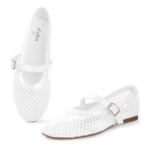 Ankis Mesh Ballet Flats for Women, White Mesh Flats Buckle Strap Mary Jane Ballerina Flats Women's Fishnet Flat Sandals Shoes for Dressy Summer