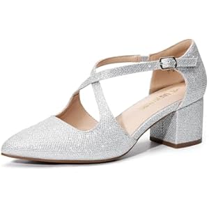 DREAM PAIRS Women's Chunky Heels Dress Pumps Closed Pointed Toe Comfort Cross Strap Block Heel Shoes for Party Dance Wedding 9 Silver-glitter