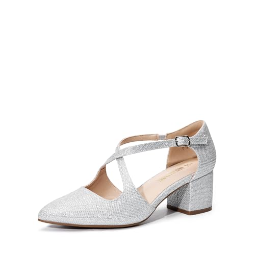 DREAM PAIRS Women's Chunky Heels Dress Pumps Closed Pointed Toe Comfort Cross Strap Block Heel Shoes for Party Dance Wedding 9 Silver-glitter