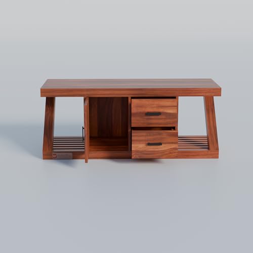Image of DRIFTINGWOOD Zenith Modern Z-Shape TV Console for Up to 50 Inch TV, Solid Sheesham Wood Media Stand with 3 Storage Compartments (1 Cabinet, 2 Drawers), Honey Finish