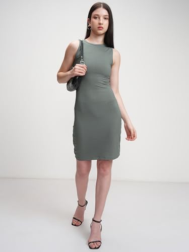 Image of Tokyo Talkies Women's Elegant Vertical Stripes Self-Design | Round Neck Sheath Dress | Ribbed Short Sleeves & Bodycon Fit for a Chic Look