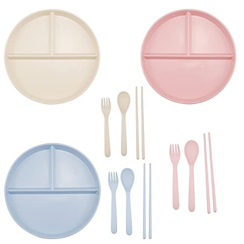 JustYit 3 Pièces Assiette Compartiment Adulte Assiette 3 Compartiments Assiette Incassable Assiette Regime Portion Adulte Parfaites Pour Les Adultes Et Les Enfants sans BPA(Bleu, Mickey, Rose)