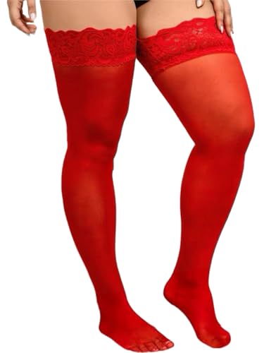Medias transparentes de nailon para mujer, talla grande, sexy, con encaje, de silicona, para mantenerse en su lugar, Rojo -, XL