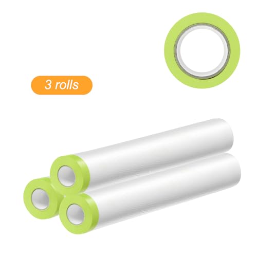 Image of HARFINGTON 3 Rolls Pre-Taped Masking Film 70.9 inch x65.6ft Tape and Drape Painters Plastic Drop Cloth Film with Tape Plastic Sheeting for Automotive Painting Covering, Green