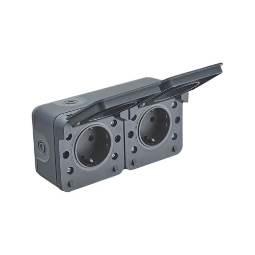 DEBFLEX - Cyklone - Doble Enchufe Exterior Estanco - Toma de Corriente de Pared IP55 - Interior/Exterior - Instalación en Superficie - Gris Oscuro - 75 x 150 x 55 mm