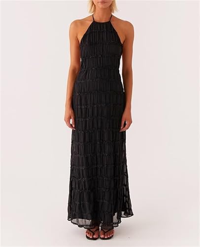 Image of Women Halter Ruched Maxi Dress Backless Sleeveless Long Dress Bodycon See Througn Pleated Sundress Beachwear
