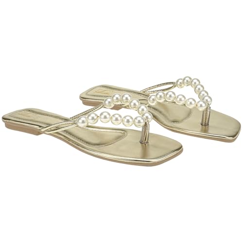 Rasteira de Pérolas Fashion Dourada Rasteirinha Tendência Ano Novo Sandália Saltinho Baixo 20-020 (O