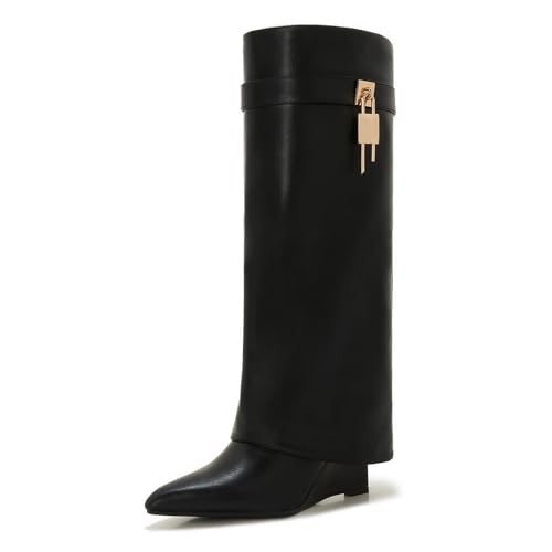 Women's Wide Calf Shark Boots - Fold Over Knee High Leather Boots with Side Zipper and Lock Buckle, Low Wedge Heel Winter Style2