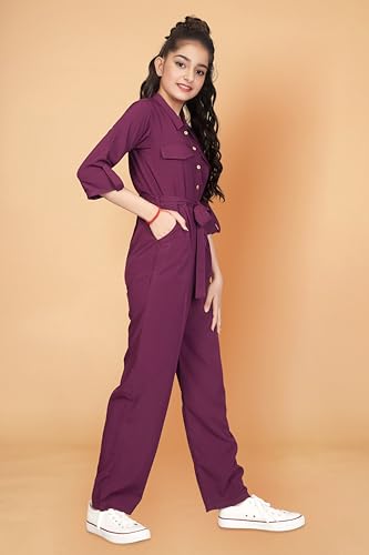 Image of Jwalin Girls Front Button Flap Pocket Belted Jumpsuit (Wine 13-14 Years)