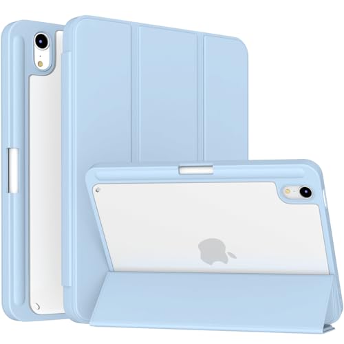 Divufus Clear Case for iPad mini 7th Generation (A17 Pro 2024) / Mini 6th Generation 2021 Smart Lightweight Trifold Stand Cover Auto Sleep/Wake Pencil Holder Case with Clear Back Shell Blue